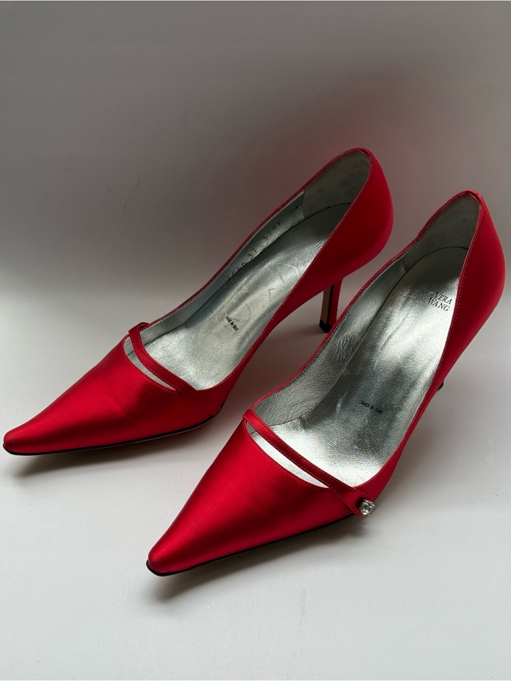 Vera Wang Red Satin Pointed Pumps with Accent Strap
